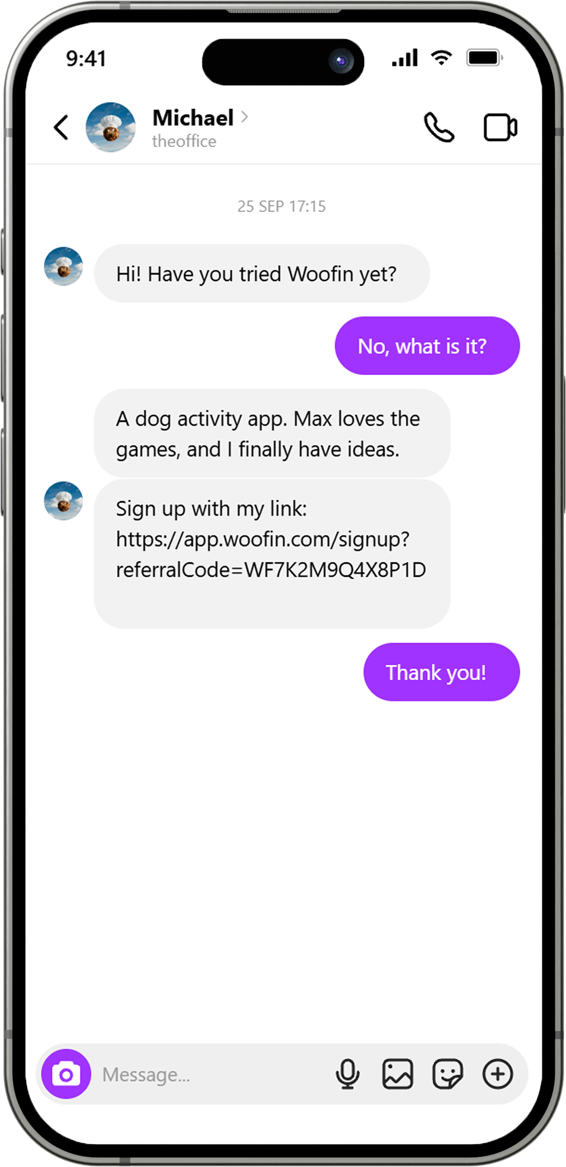 Friend's referral link in a chat message