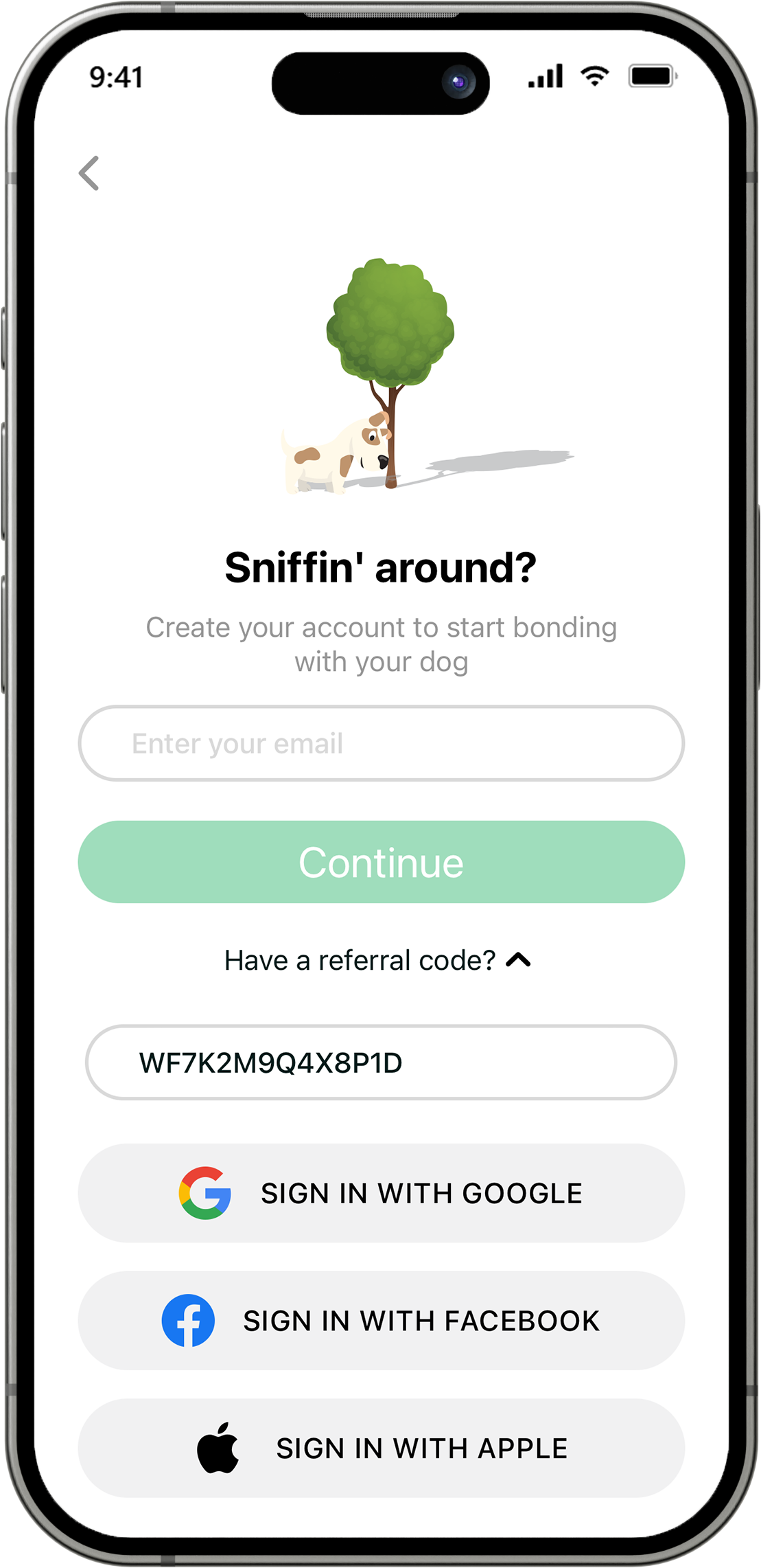Referral code applied automatically in the Woofin app
